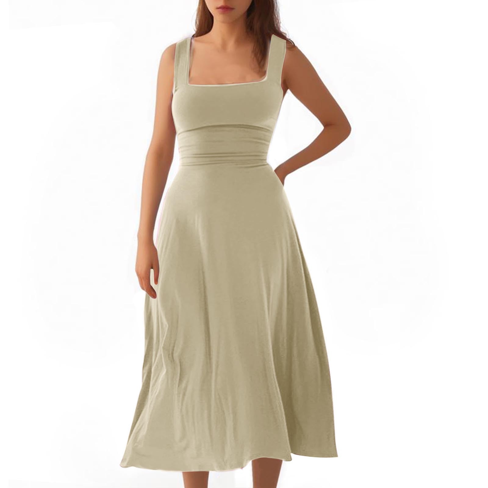 Women's Square Neck Sleeveless A Line Maxi Dress Spaghetti Straps Summer  High Waist Swing Flowy Long Dresses Thick Straps Midi Dress (01- White,3XL)  - Walmart Business Supplies
