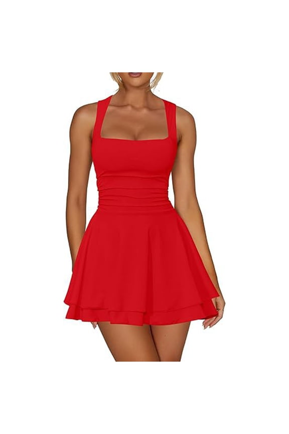 Women's Square Neck Sleeveless A-Line Mini Dress Ruffle Layered Skater Dress Casual Summer Dress