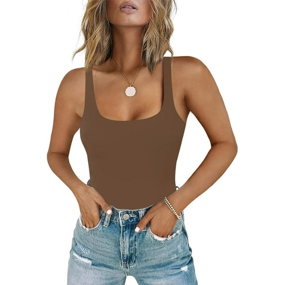 Women's Square Neck Sleeveless Bodysuit Double Lined Tops Thong Bodysuit