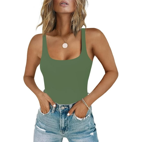 Women's Square Neck Sleeveless Bodysuit Double Lined Tops Thong Bodysuit