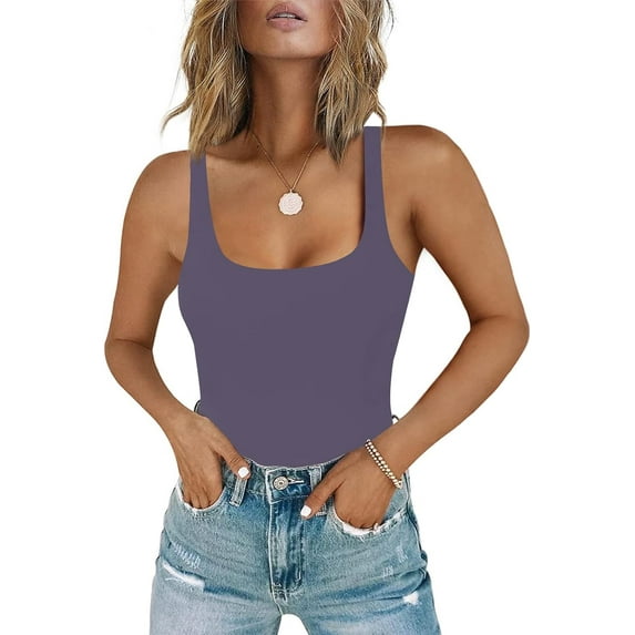 Women's Square Neck Sleeveless Bodysuit Double Lined Tops Thong Bodysuit