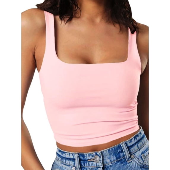 Women's Square Neck Sleeveless Crop Tops 2024 Cute Double Layer Seamless Slim Fit Tank Tops