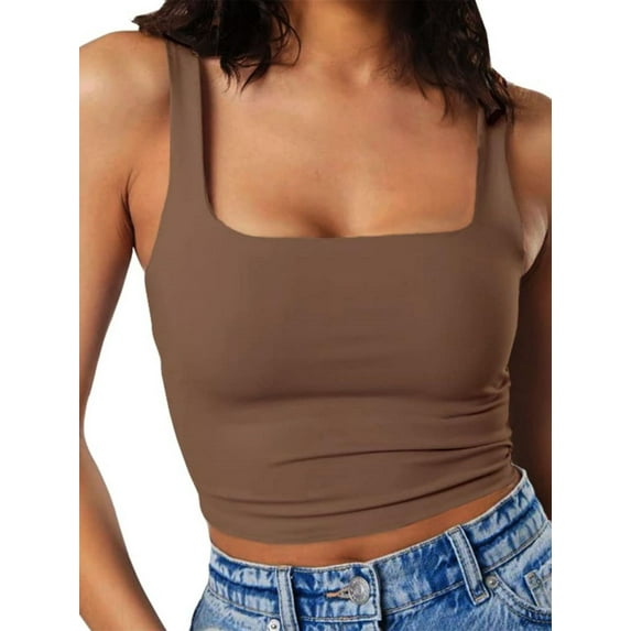 Women's Square Neck Sleeveless Crop Tops 2024 Cute Double Layer Seamless Slim Fit Tank Tops