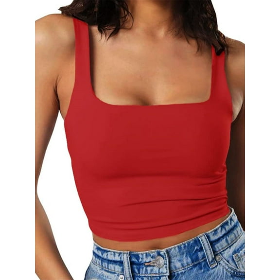 Women's Square Neck Sleeveless Crop Tops 2024 Cute Double Layer Seamless Slim Fit Tank Tops