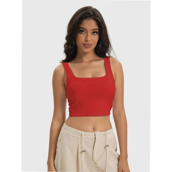 Women's Square Neck Sleeveless Crop Tops Cute Double Layer Seamless Slim Fit Tank Tops