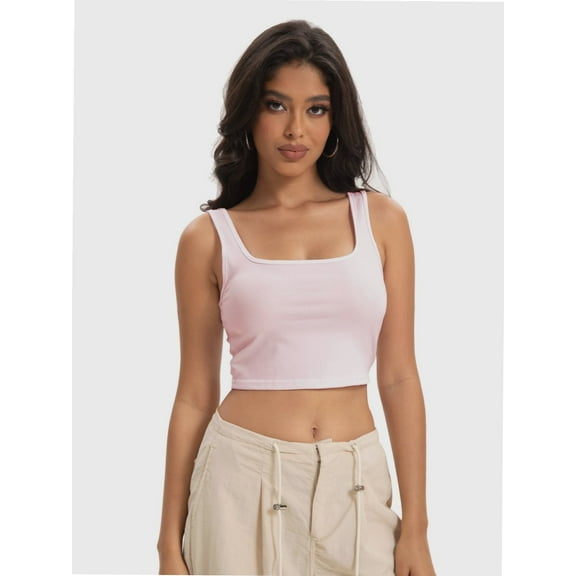 Women's Square Neck Sleeveless Crop Tops Cute Double Layer Seamless Slim Fit Tank Tops