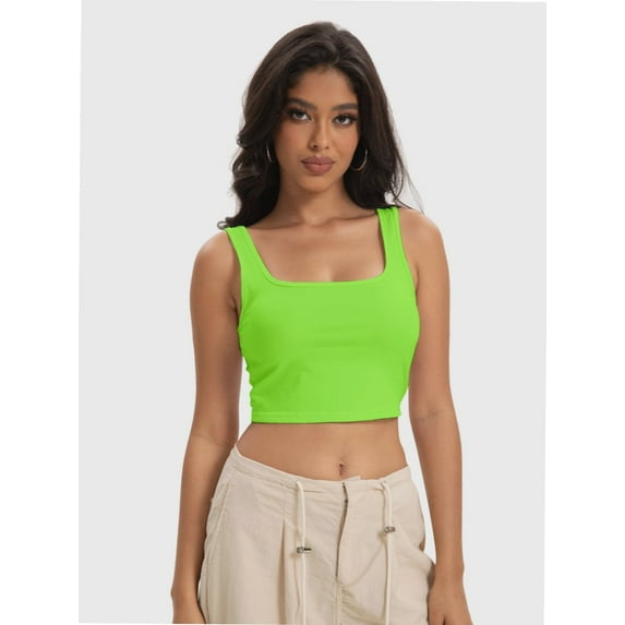 Women's Square Neck Sleeveless Crop Tops Cute Double Layer Seamless Slim Fit Tank Tops