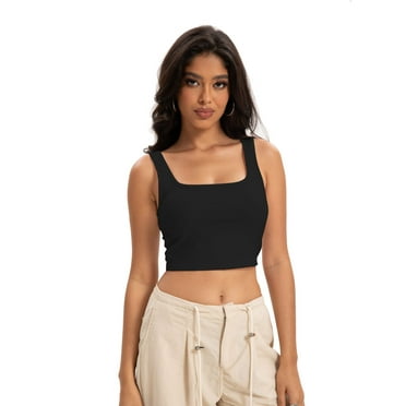 Women's Square Neck Sleeveless Crop Tops Cute Double Layer Seamless Slim Fit Tank Tops