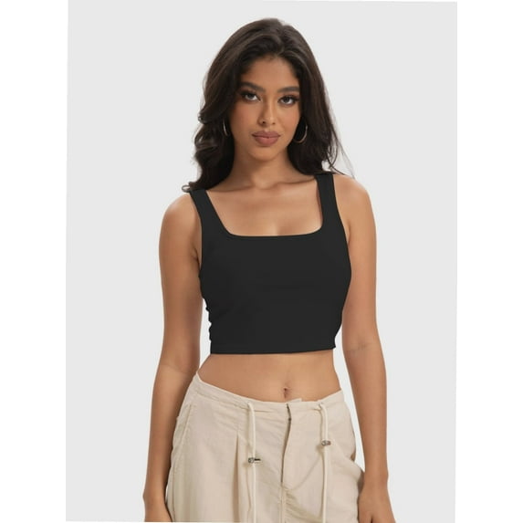 Women's Square Neck Sleeveless Crop Tops Cute Double Layer Seamless Slim Fit Tank Tops