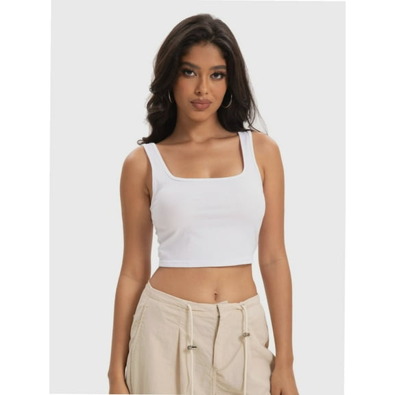Women's Square Neck Sleeveless Crop Tops Cute Double Layer Seamless Slim Fit Tank Tops