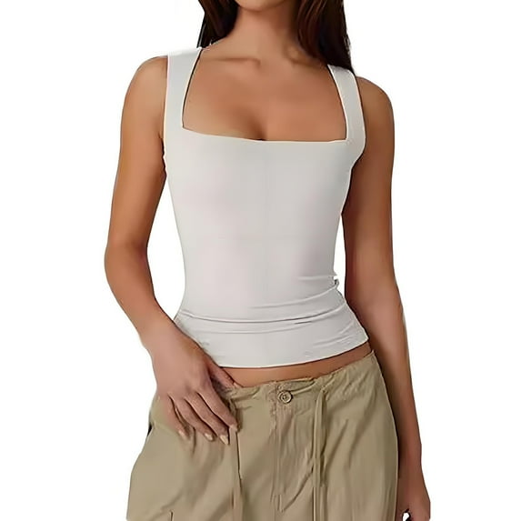 Women's Square Neck Sleeveless Double-Layer Tank Tops Basic Tight T Shirts