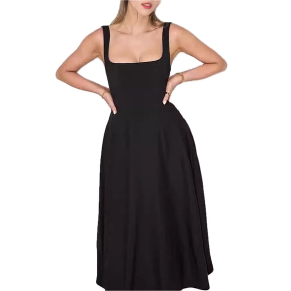 Women's Square Neck Sleeveless Midi Dress 95% Polyester 5% Spandex for Elegant Day to Night Wear Flattering Every Figure