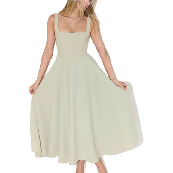 Women's Square Neck Sleeveless Midi Dress 95% Polyester 5% Spandex for Elegant Day to Night Wear Flattering Every Figure