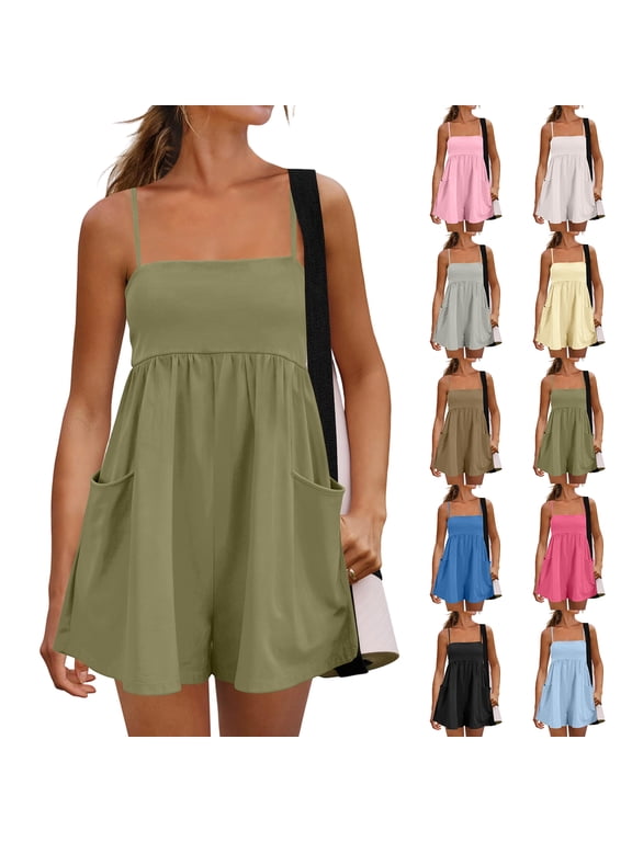 Women's Square Neck Sleeveless Romper with Pockets, Casual Spaghetti Strap Wide Leg Jumpsuit, Summer Loose Fit Playsuit for Daily Wear White XL