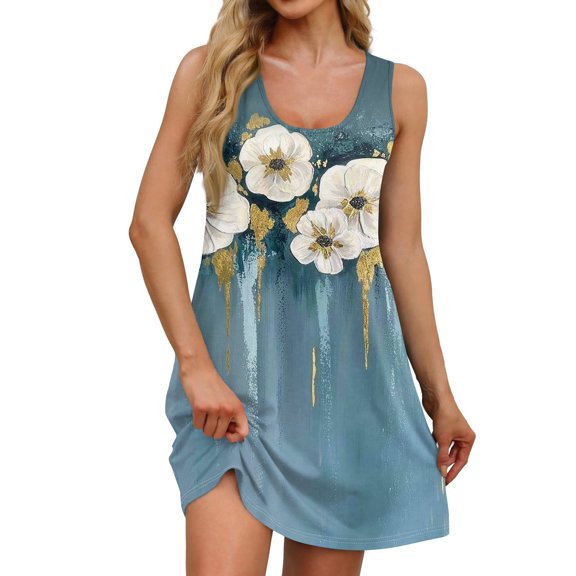 Women's Square Neck Sleeveless Shift Dress Floral Print Summer Casual Dress with Tiered Skirt and Adjustable Straps for Park Outings,Cyan L