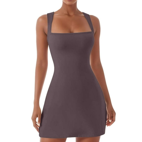 Women's Square Neck Sleeveless Stretch Flare Mini Dresses, Polyester, Breathable, Elastic, Above Knee Length, Suitable for All Seasons, Multiple Sizes