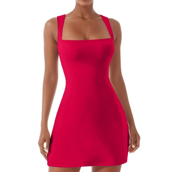Women's Square Neck Sleeveless Stretch Flare Mini Dresses, Polyester, Breathable, Elastic, Above Knee Length, Suitable for All Seasons, Multiple Sizes