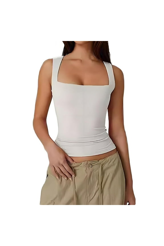 Women's Square Neck Sleeveless T Shirts Solid Cropped Sleeveless Tank Tees Slimming Fit Tops