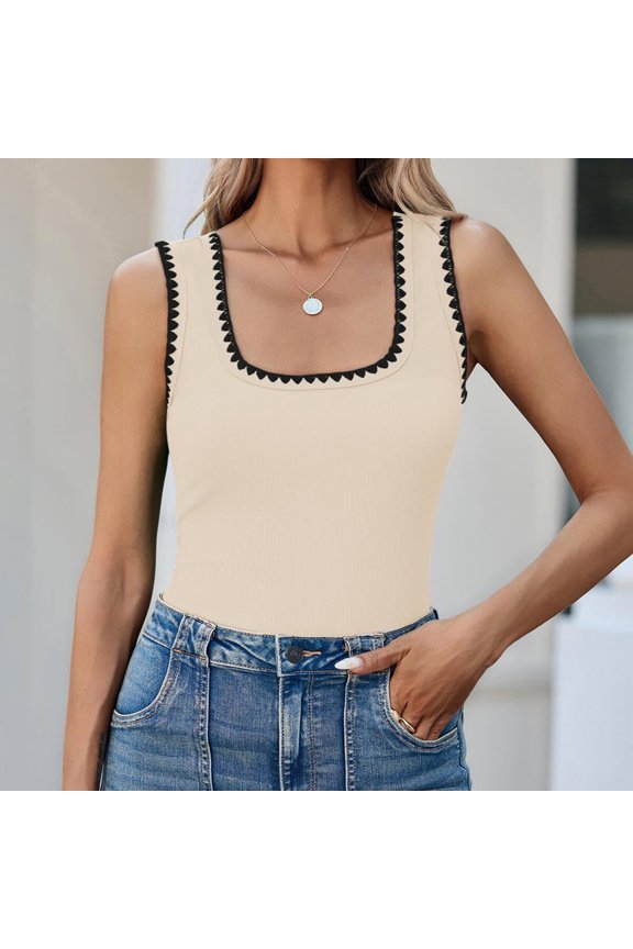 Women's Square Neck Sleeveless Tank Top,Colorblock Casual Fit Summer Top,Breathable Slim Layering Camisole for Daily Wear,Vacation,Office Beige L