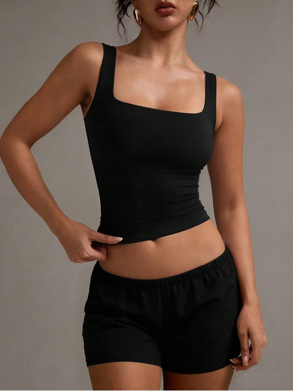 Women's Square Neck Tank Top, Fitted Sleeveless Solid Color Casual Cami Top