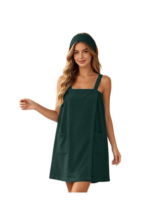 Women's Square Neck Sleeveless Towel Cover up Dress, Absorbent Bath Wrap with Pockets, Casual Loose Bathrobe for Shower, Home Wear and Beach Vacation Navy