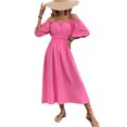 thumbnail image 1 of Women's Square Neck Smocked Waist Puff Sleeve Midi Dress Solid Pattern Elegant Everyday 95% polyester 5% elastane, 1 of 11