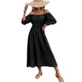 thumbnail image 1 of Women's Square Neck Smocked Waist Puff Sleeve Midi Dress Solid Pattern Elegant Everyday 95% polyester 5% elastane, 1 of 11