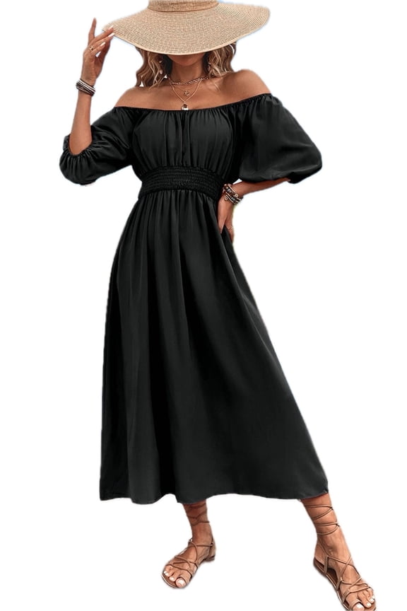 Women's Square Neck Smocked Waist Puff Sleeve Midi Dress Solid Pattern Elegant Everyday 95% polyester 5% elastane