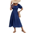 thumbnail image 1 of Women's Square Neck Smocked Waist Puff Sleeve Midi Dress Solid Pattern Elegant Everyday 95% polyester 5% elastane, 1 of 11