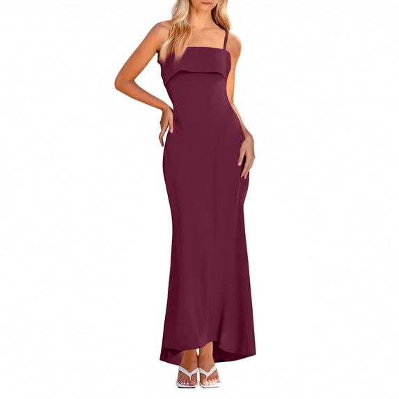 Women's Square Neck Spaghetti Strap Maxi Dress Backless Cutout Bodycon Long Dress for Party Graduation Evening