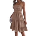 thumbnail image 1 of Women's Square Neck Spaghetti Strap Tiered High Waist Flowy Casual Mini Dress Khaki S, 1 of 10