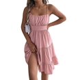 thumbnail image 1 of Women's Square Neck Spaghetti Strap Tiered High Waist Flowy Casual Mini Dress Pink S, 1 of 10
