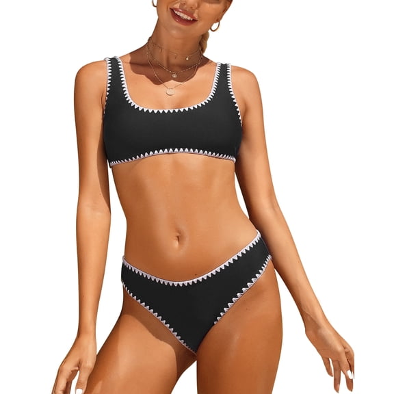 Women's Square Neck Sport Two Piece Swimsuit Crochet Trim Tummy Control Bikini Sets