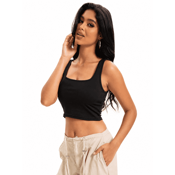 Women's Square Neck Crop Top, Strappy Sleeveless Double Layered Casual Camisole