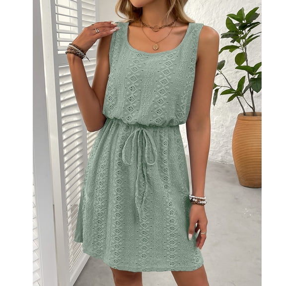 Women's Square Neck Sundress, Hollow Out Drawstring Sleeveless Loose Dress, Romantic Spring Dress for Picnics or Dates, Mint Green - S