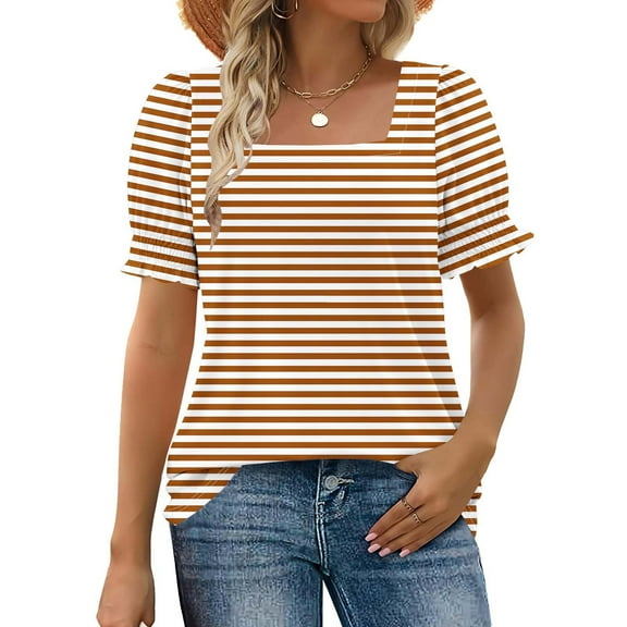 Women's Square Neck T-Shirt, Loose Fit Short Sleeve Top with Print and Lace Trim for Casual Wear