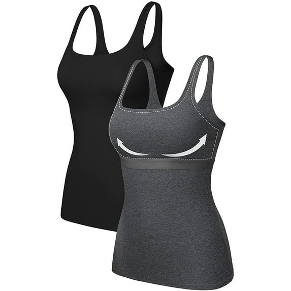 Women's Square Neck Tank Top Cotton Undershirts With Shelf Bra, 2-Packs