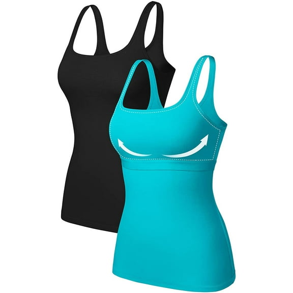 Women's Square Neck Tank Top Cotton Undershirts With Shelf Bra, 2-Packs