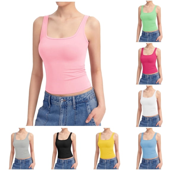 Women's Square Neck Tank Top Sleeveless Double Lined Basic Camisoles, XXXL, Pink