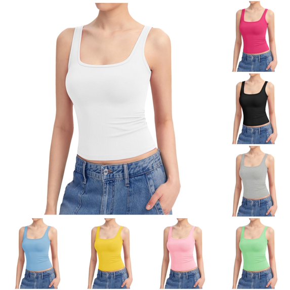 Women's Square Neck Tank Top Sleeveless Double Lined Basic Camisoles, XXXXL, White