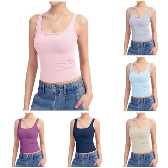 Women's Square Neck Tank Top Sleeveless Double Lined Basic Tops Blouse Bodysuit 2XL