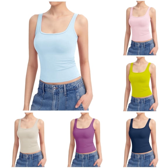 Women's Square Neck Tank Top Sleeveless Double Lined Basic Tops Blouse Bodysuit M