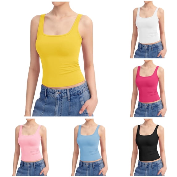 Women's Square Neck Tank Top Sleeveless Double Lined Basic Tops Tan Top Women
