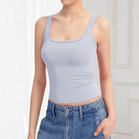 Women's Square Neck Tank Top Sleeveless Double Lined Basic Tops, XXL, Grey