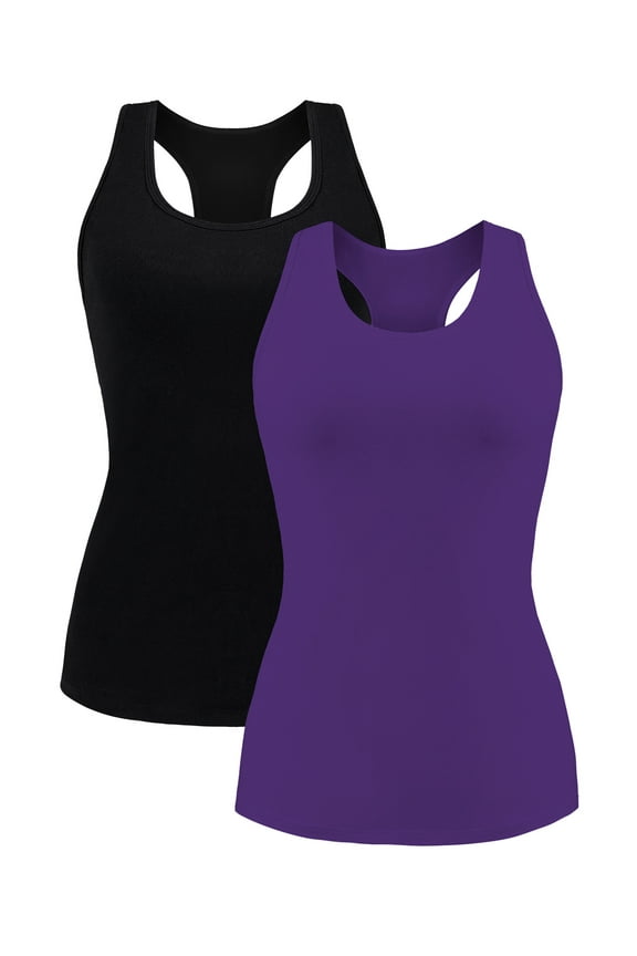 Women's Square Neck Tank Tops Cotton Racerback Camisole With Shelf Bra, 2-Packs