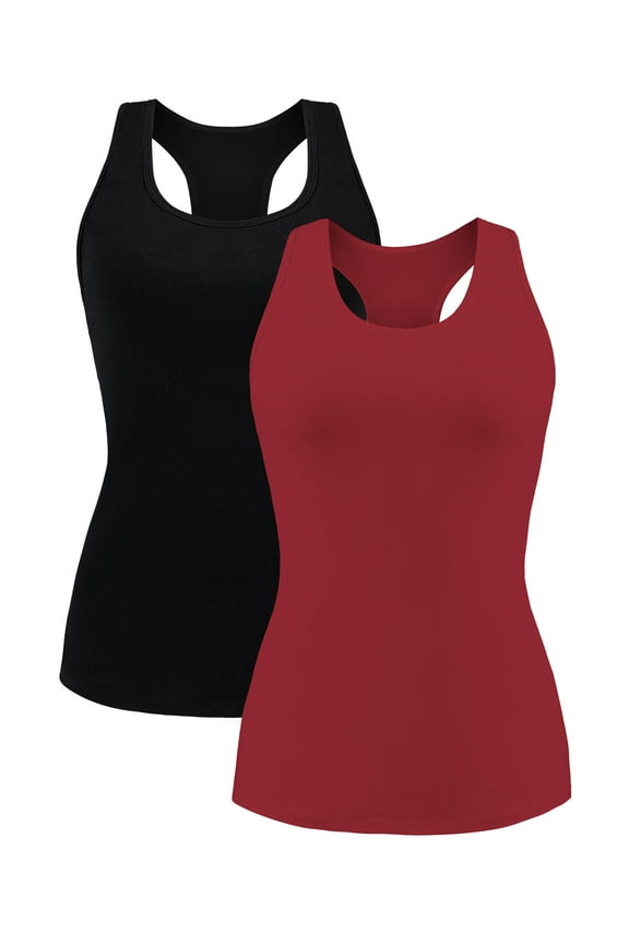 Women's Square Neck Tank Tops Cotton Racerback Camisole With Shelf Bra, 2-Packs