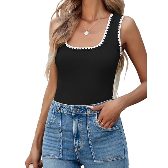 Women's Square Neck Tank Tops Summer Sleeveless Shirts Casual Slim Fitted Color Block Ribbed Tanks Black XL