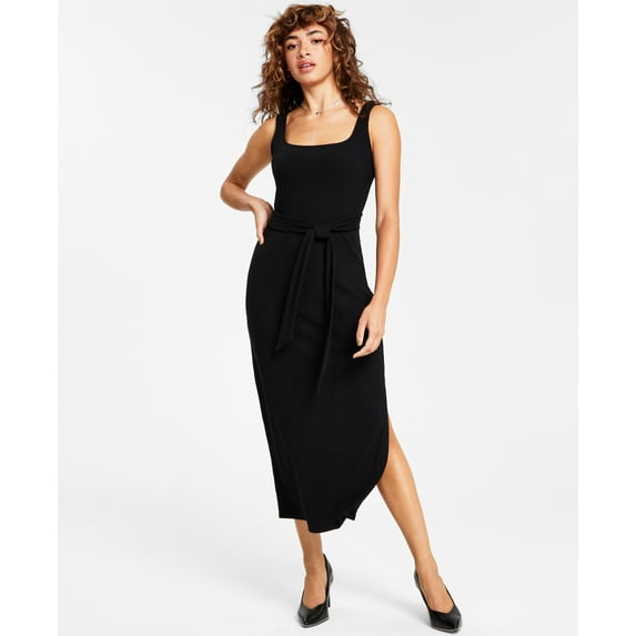 Women's Square-Neck Tie Midi Dress Deep Black XXS