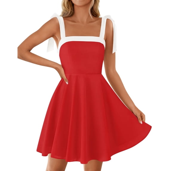 Women's Square Neck Tie Shoulder Mini Dress Fit and Flare Sleeveless Casual Graduation Party Dress