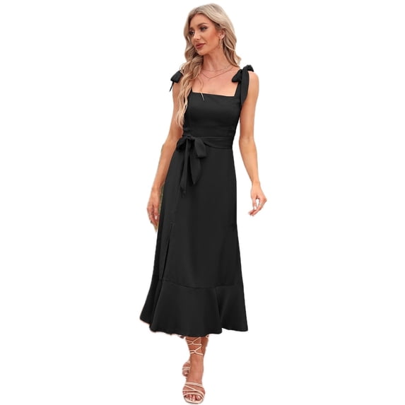 Women's Square Neck Tie Strap Midi Dress in Solid Urban Style with Peplum and Slit Sleeveless Flounce Hem 100% Polyester